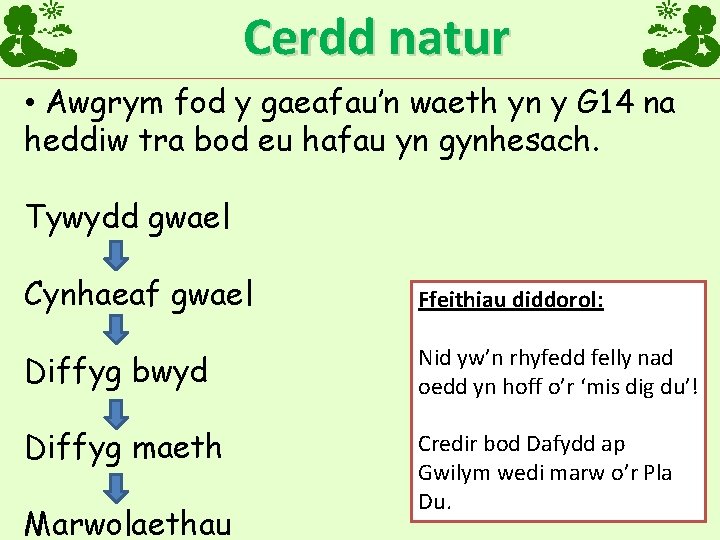 Cerdd natur • Awgrym fod y gaeafau’n waeth yn y G 14 na heddiw