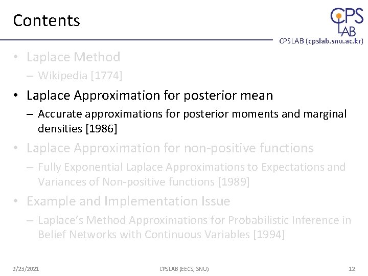 Contents CPSLAB (cpslab. snu. ac. kr) • Laplace Method – Wikipedia [1774] • Laplace