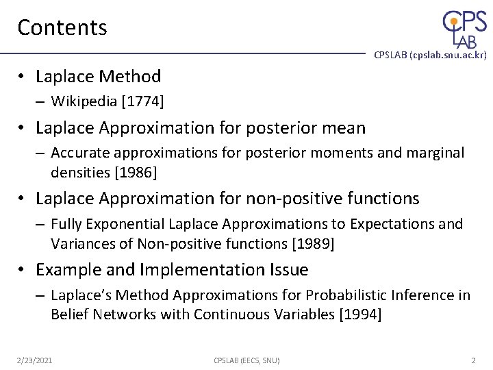 Contents CPSLAB (cpslab. snu. ac. kr) • Laplace Method – Wikipedia [1774] • Laplace