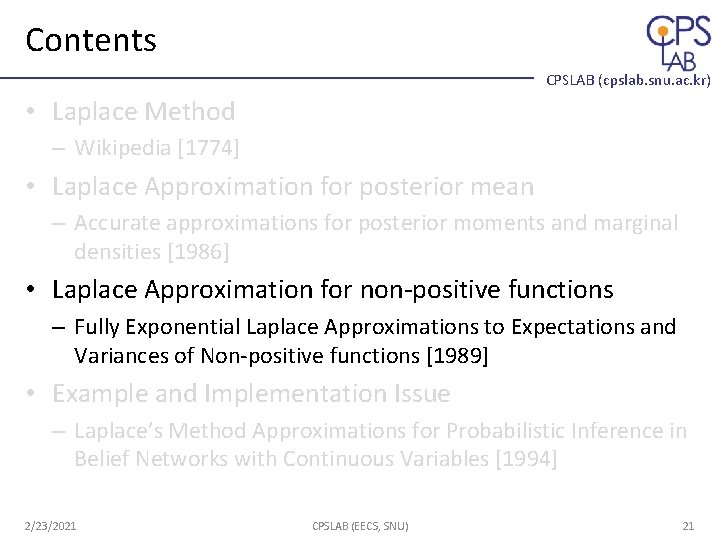 Contents CPSLAB (cpslab. snu. ac. kr) • Laplace Method – Wikipedia [1774] • Laplace
