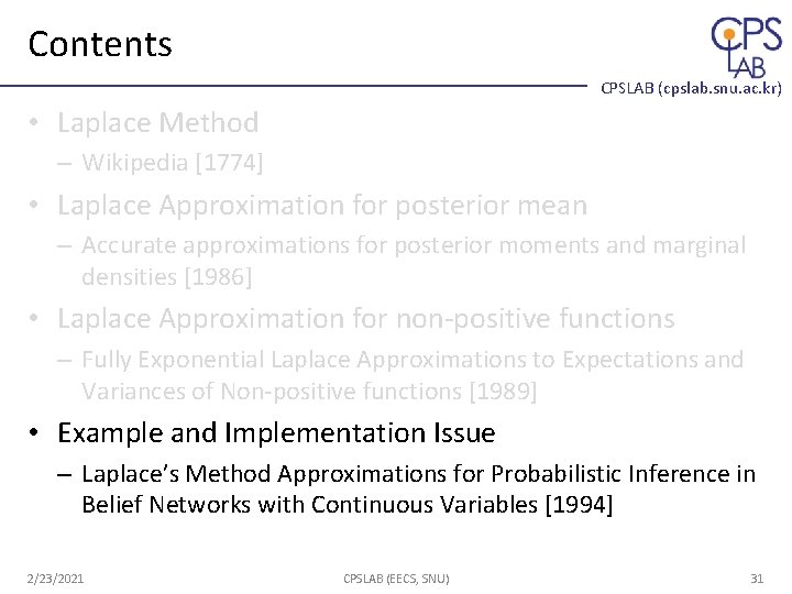 Contents CPSLAB (cpslab. snu. ac. kr) • Laplace Method – Wikipedia [1774] • Laplace