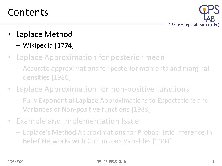 Contents CPSLAB (cpslab. snu. ac. kr) • Laplace Method – Wikipedia [1774] • Laplace