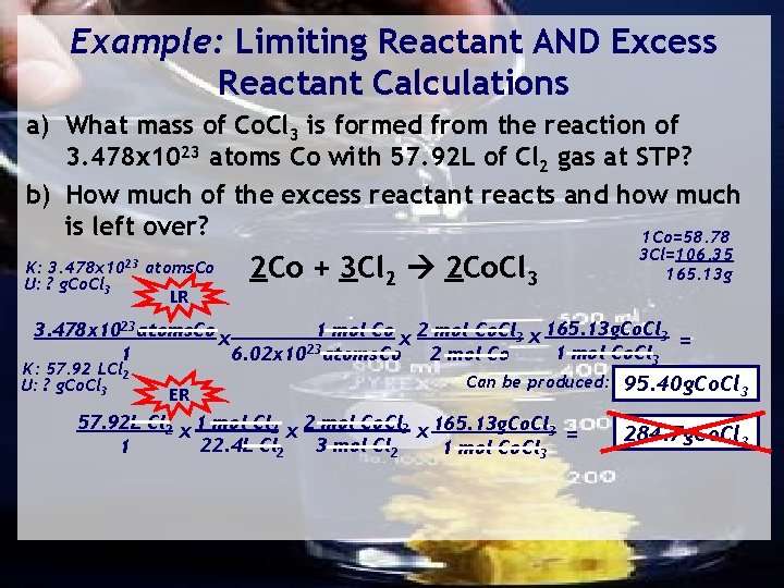 Example: Limiting Reactant AND Excess Reactant Calculations a) What mass of Co. Cl 3