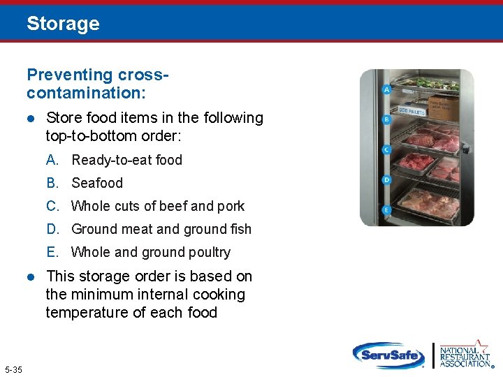 Storage Preventing crosscontamination: l Store food items in the following top-to-bottom order: A. Ready-to-eat