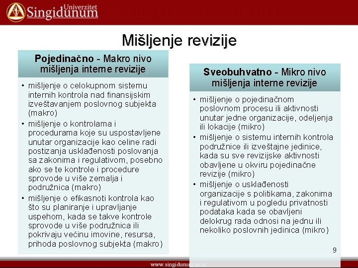 Mišljenje revizije Pojedinačno - Makro nivo mišljenja interne revizije • mišljenje o celokupnom sistemu