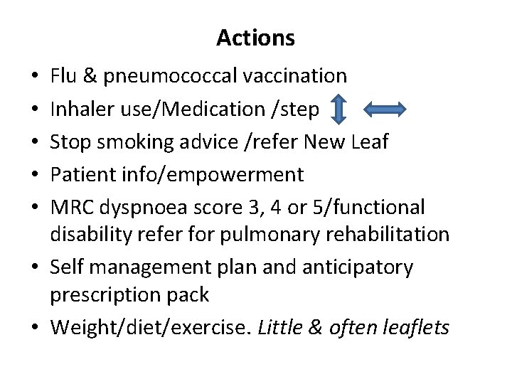 Actions Flu & pneumococcal vaccination Inhaler use/Medication /step Stop smoking advice /refer New Leaf