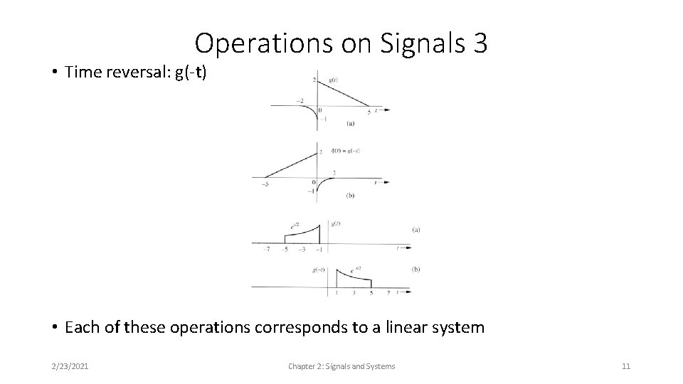 Operations on Signals 3 • Time reversal: g(-t) • Each of these operations corresponds