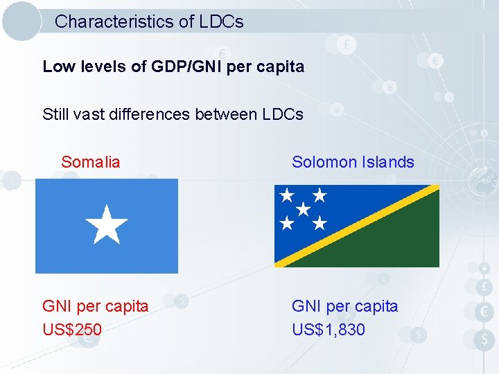 Characteristics of LDCs Low levels of GDP/GNI per capita Still vast differences between LDCs Characteristics of LDCs Low levels of GDP/GNI per capita Still vast differences between LDCs