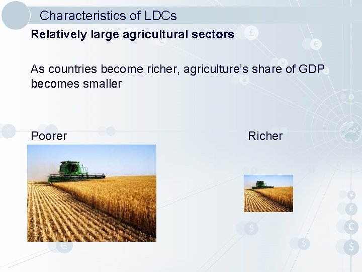 Characteristics of LDCs Relatively large agricultural sectors As countries become richer, agriculture’s share of Characteristics of LDCs Relatively large agricultural sectors As countries become richer, agriculture’s share of