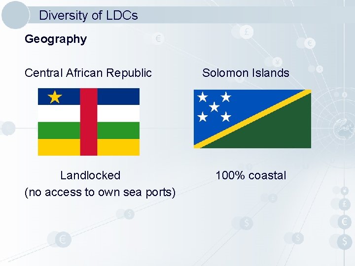 Diversity of LDCs Geography Central African Republic Landlocked (no access to own sea ports) Diversity of LDCs Geography Central African Republic Landlocked (no access to own sea ports)