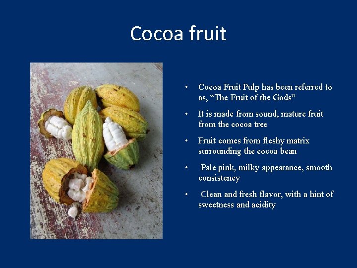 Cocoa fruit • Cocoa Fruit Pulp has been referred to as, “The Fruit of