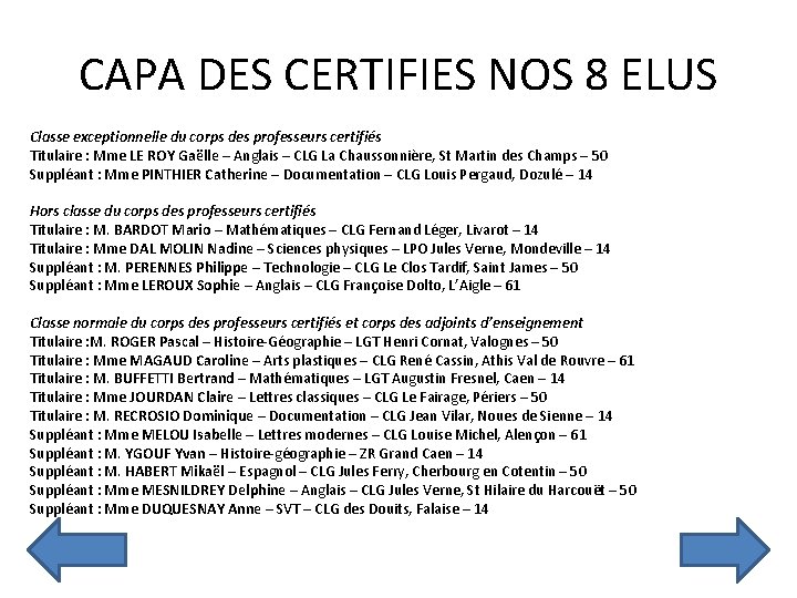 CAPA DES CERTIFIES NOS 8 ELUS Classe exceptionnelle du corps des professeurs certifiés Titulaire