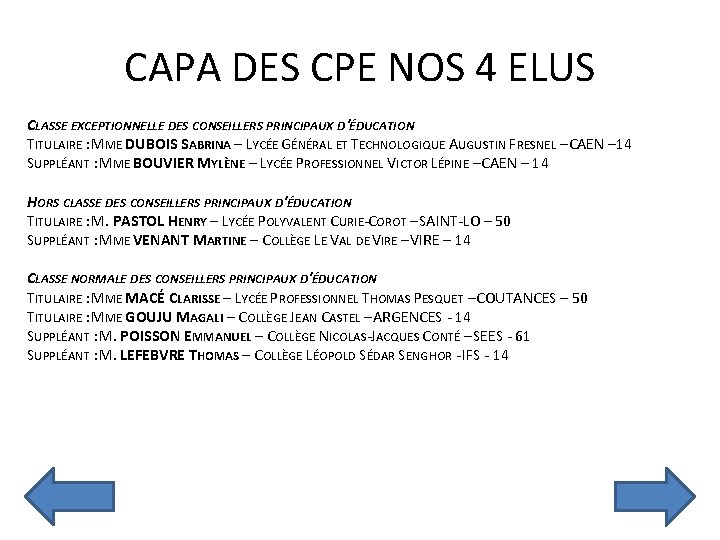 CAPA DES CPE NOS 4 ELUS CLASSE EXCEPTIONNELLE DES CONSEILLERS PRINCIPAUX D'ÉDUCATION TITULAIRE :