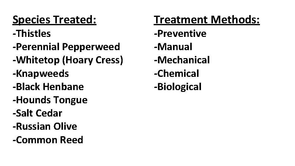 Species Treated: -Thistles -Perennial Pepperweed -Whitetop (Hoary Cress) -Knapweeds -Black Henbane -Hounds Tongue -Salt