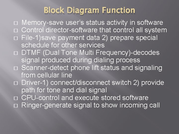 Block Diagram Function � � � � Memory-save user’s status activity in software Control