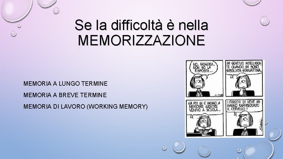 Se la difficoltà è nella MEMORIZZAZIONE MEMORIA A LUNGO TERMINE MEMORIA A BREVE TERMINE