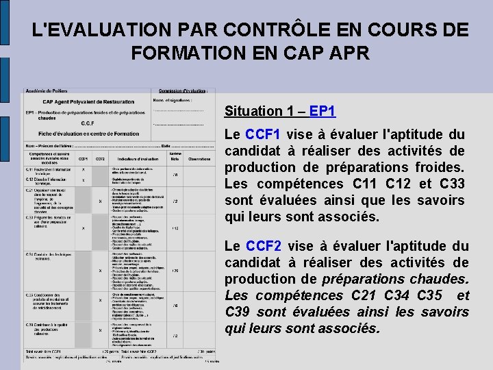 L'EVALUATION PAR CONTRÔLE EN COURS DE FORMATION EN CAP APR Situation 1 – EP L'EVALUATION PAR CONTRÔLE EN COURS DE FORMATION EN CAP APR Situation 1 – EP