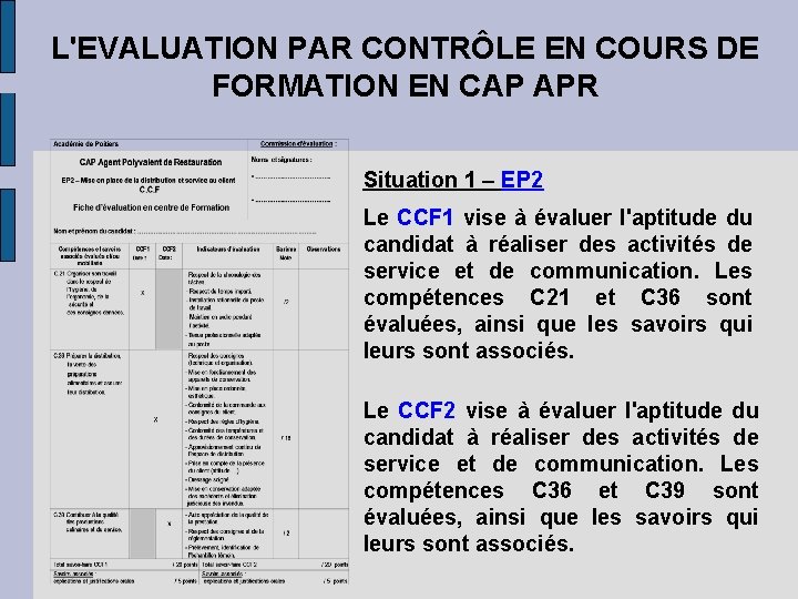L'EVALUATION PAR CONTRÔLE EN COURS DE FORMATION EN CAP APR Situation 1 – EP L'EVALUATION PAR CONTRÔLE EN COURS DE FORMATION EN CAP APR Situation 1 – EP