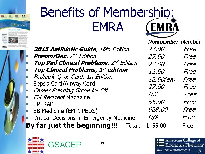 Benefits of Membership: EMRA Nonmember Member 27. 00 Free 12. 00(ea) Free Sepsis Card/Airway