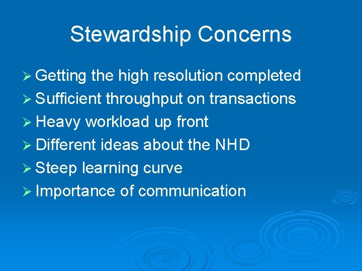 Stewardship Concerns Ø Getting the high resolution completed Ø Sufficient throughput on transactions Ø
