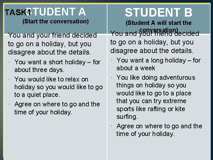 TASK 1 STUDENT A (Start the conversation) STUDENT B (Student A will start the TASK 1 STUDENT A (Start the conversation) STUDENT B (Student A will start the