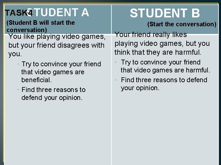 TASK 4 STUDENT A (Student B will start the conversation) You like playing video TASK 4 STUDENT A (Student B will start the conversation) You like playing video