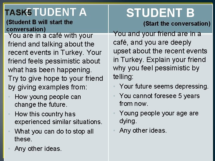 TASK 5 STUDENT A (Student B will start the conversation) You are in a TASK 5 STUDENT A (Student B will start the conversation) You are in a