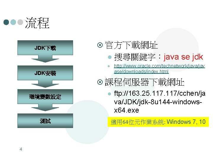 流程 JDK下載 JDK安裝 環境變數設定 測試 4 ¤ 官方下載網址 l 搜尋關鍵字：java se jdk l http: