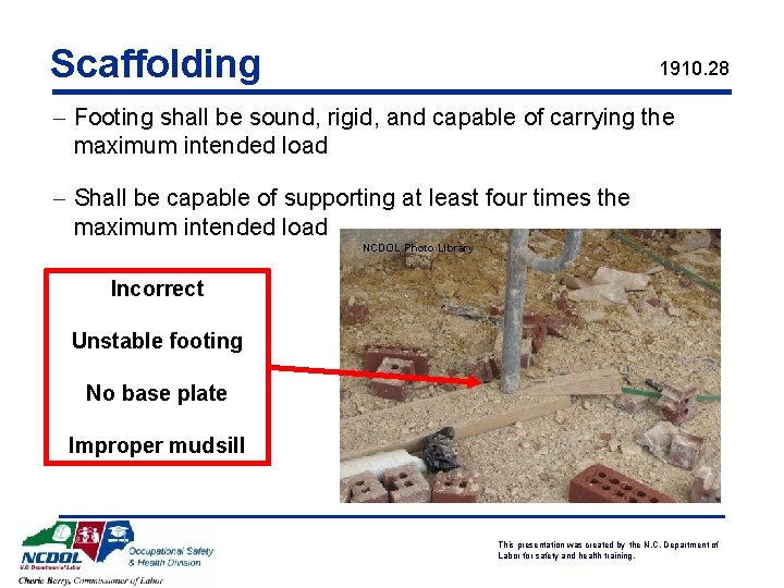 Scaffolding 1910. 28 - Footing shall be sound, rigid, and capable of carrying the