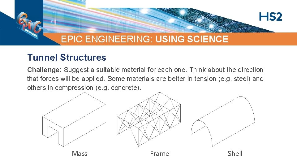 EPIC ENGINEERING: USING SCIENCE Tunnel Structures Challenge: Suggest a suitable material for each one. EPIC ENGINEERING: USING SCIENCE Tunnel Structures Challenge: Suggest a suitable material for each one.