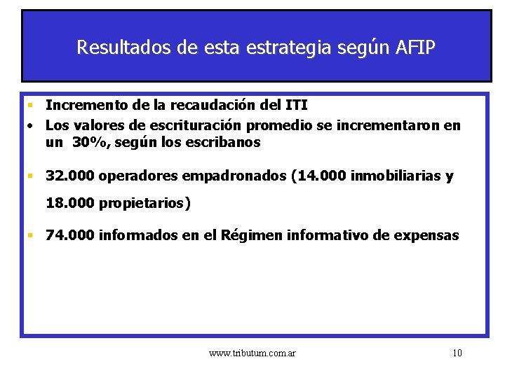 Resultados de esta estrategia según AFIP § Incremento de la recaudación del ITI •