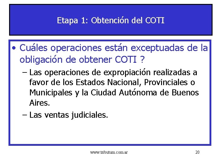 Etapa 1: Obtención del COTI • Cuáles operaciones están exceptuadas de la obligación de