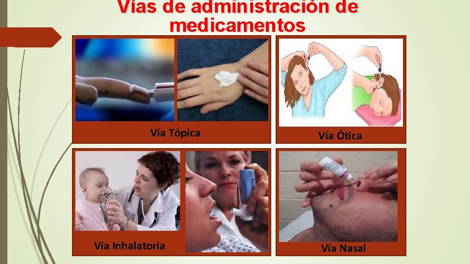 Vías de administración de medicamentos Vía Tópica Vía Ótica • Vía nasal Vía Inhalatoria