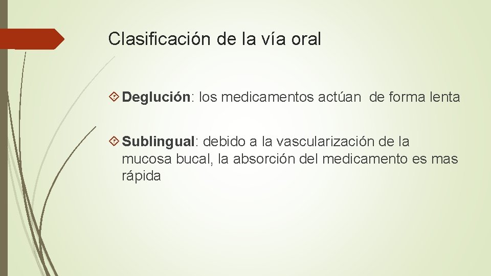 Clasificación de la vía oral Deglución: los medicamentos actúan de forma lenta Sublingual: debido