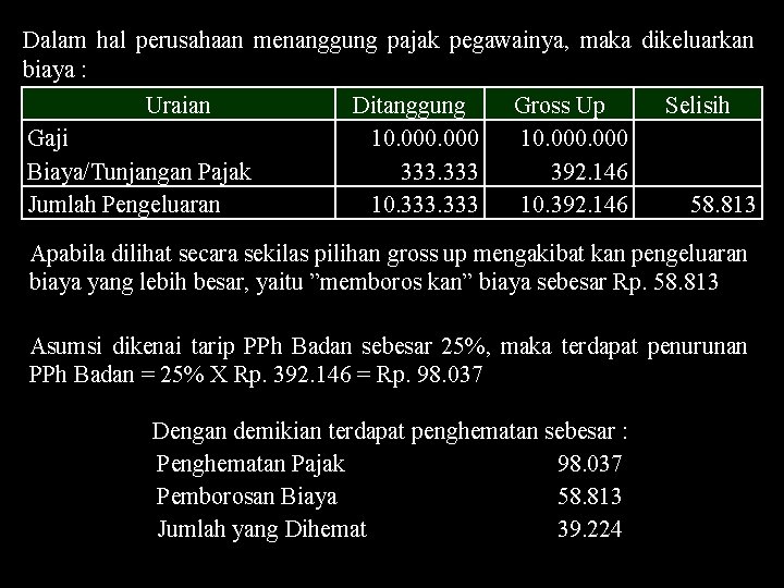 Dalam hal perusahaan menanggung pajak pegawainya, maka dikeluarkan biaya : Uraian Gaji Biaya/Tunjangan Pajak