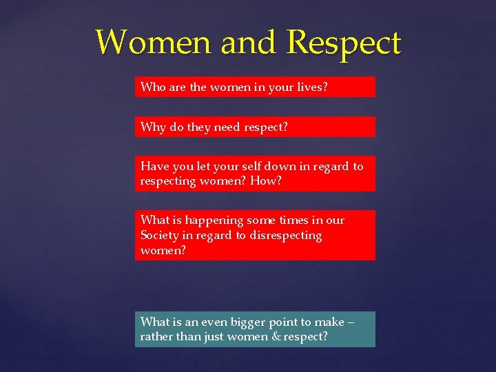 Women and Respect Who are the women in your lives? Why do they need