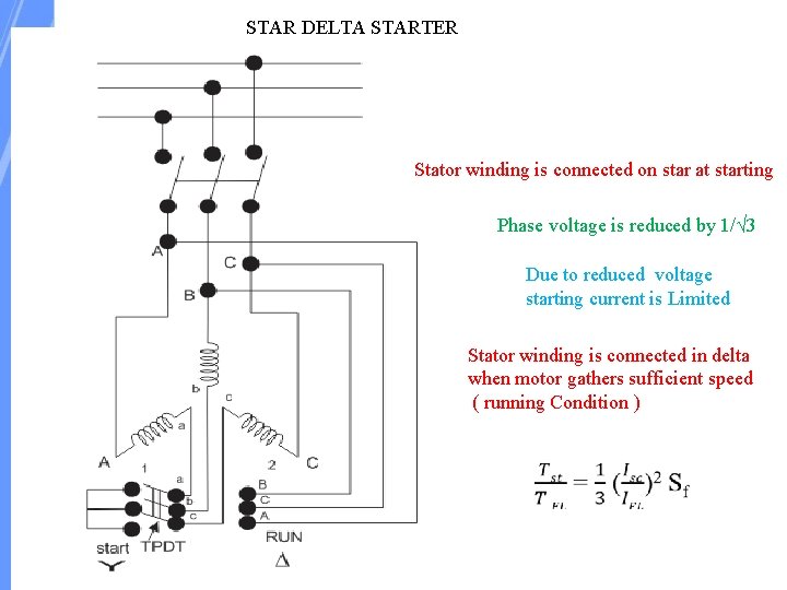 STAR DELTA STARTER Stator winding is connected on star at starting Phase voltage is