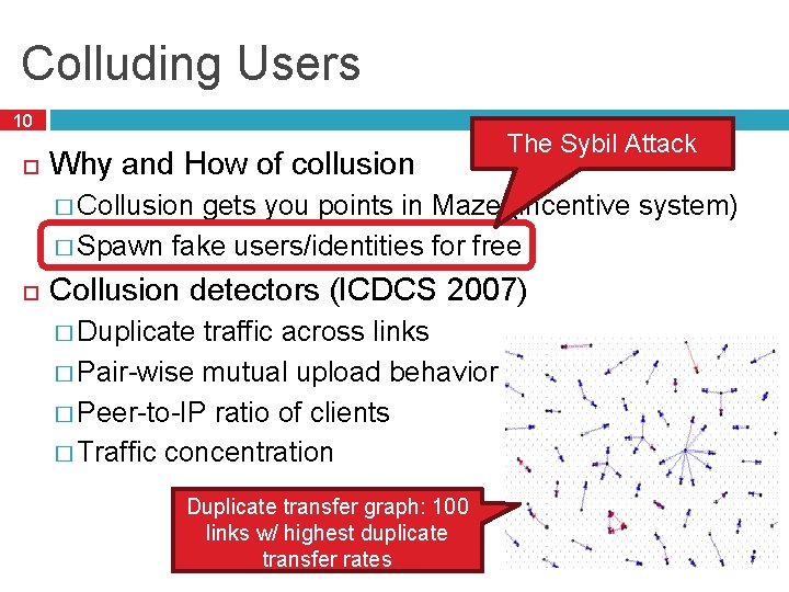 Colluding Users 10 Why and How of collusion The Sybil Attack � Collusion gets