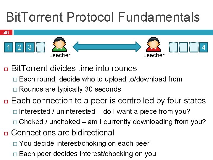 Bit. Torrent Protocol Fundamentals 40 4 1 2 3 Leecher Bit. Torrent divides time
