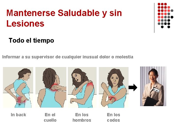 Mantenerse Saludable y sin Lesiones Todo el tiempo Informar a su supervisor de cualquier