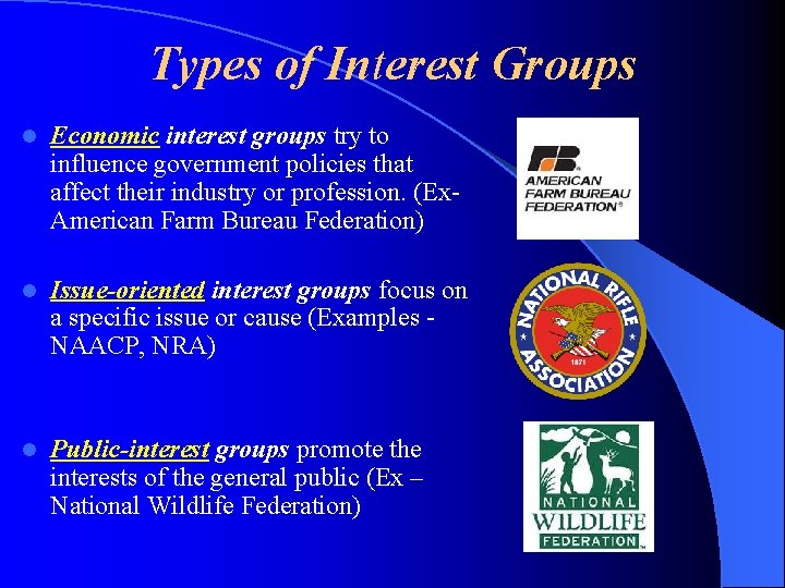 Types of Interest Groups l Economic interest groups try to influence government policies that