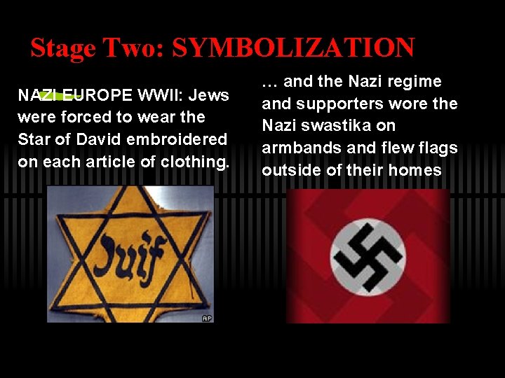 Stage Two: SYMBOLIZATION NAZI EUROPE WWII: Jews were forced to wear the Star of