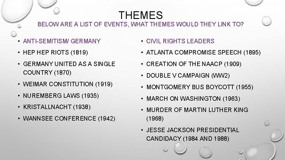 THEMES BELOW ARE A LIST OF EVENTS, WHAT THEMES WOULD THEY LINK TO? •