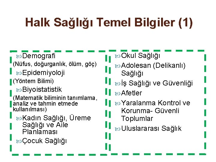 Halk Sağlığı Temel Bilgiler (1) Demografi (Nüfus, doğurganlık, ölüm, göç) Epidemiyoloji (Yöntem Bilimi) Biyoistatistik