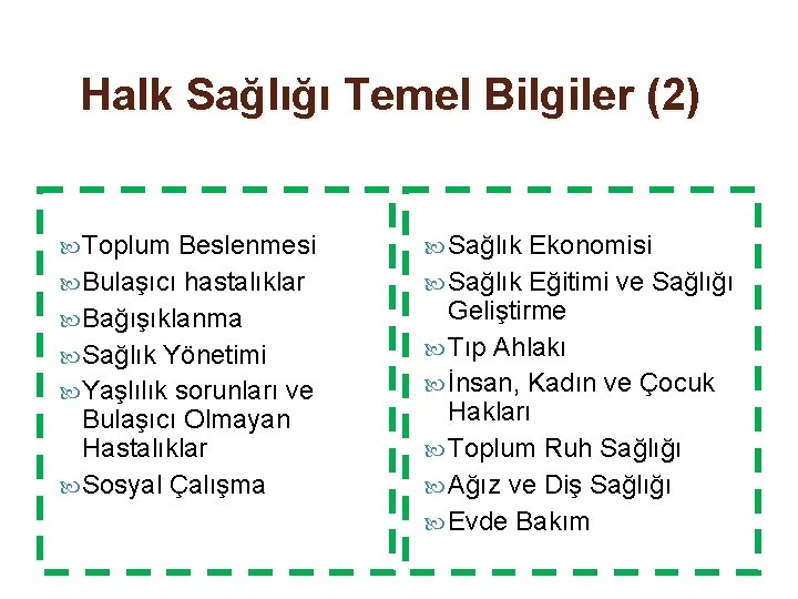 Halk Sağlığı Temel Bilgiler (2) Toplum Beslenmesi Sağlık Ekonomisi Bulaşıcı hastalıklar Sağlık Eğitimi ve