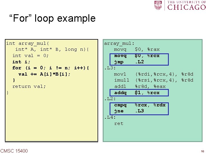 “For” loop example int array_mul( int* A, int* B, long n){ int val =