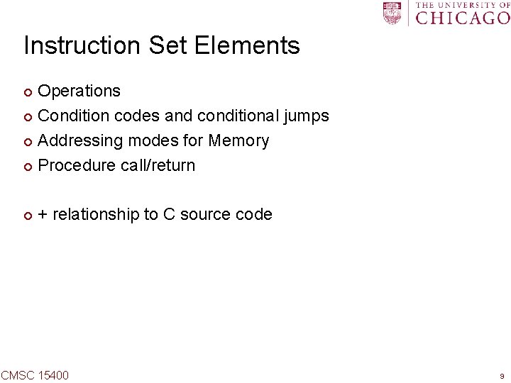 Instruction Set Elements Operations ¢ Condition codes and conditional jumps ¢ Addressing modes for