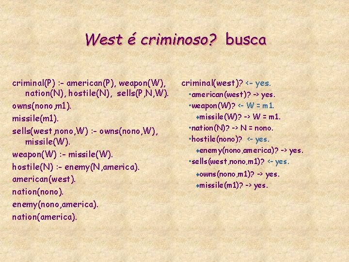 West é criminoso? busca criminal(P) : - american(P), weapon(W), nation(N), hostile(N), sells(P, N, W).