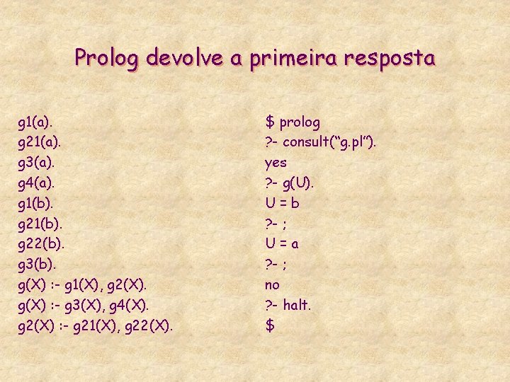 Prolog devolve a primeira resposta g 1(a). g 21(a). g 3(a). g 4(a). g