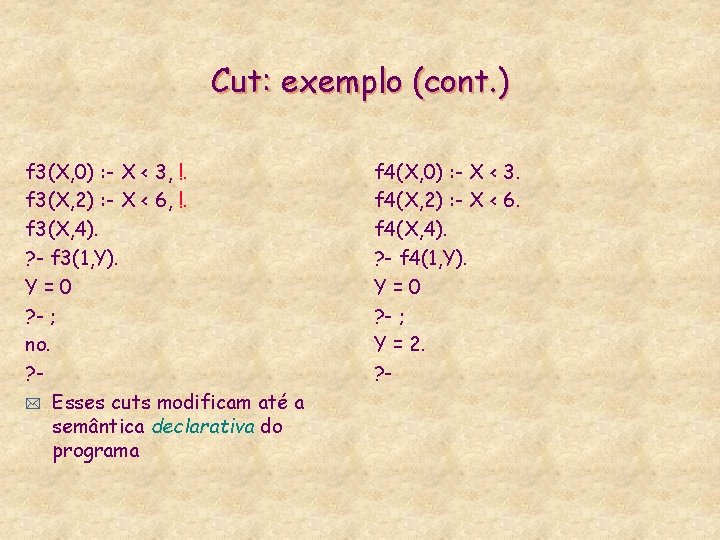 Cut: exemplo (cont. ) f 3(X, 0) : - X < 3, !. f